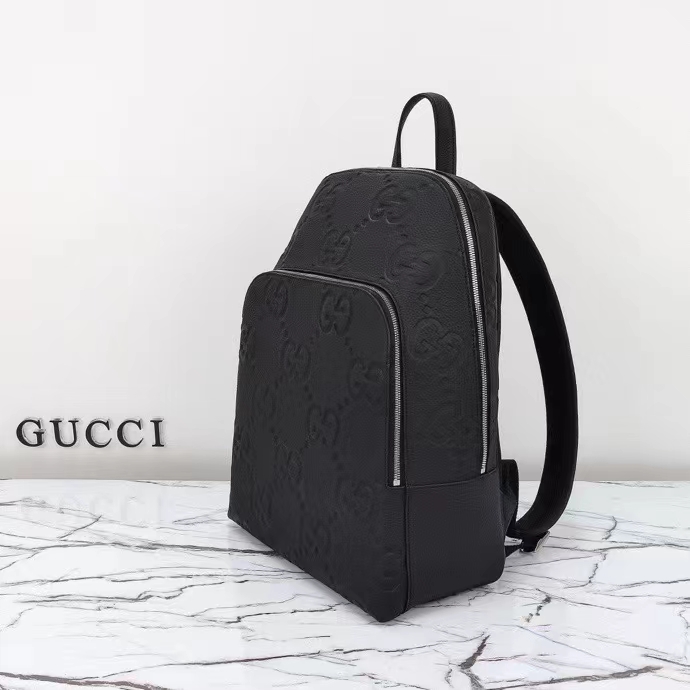 Gucci GG Unisex Large Jumbo GG Backpack Black Leather Cotton Linen Lining Padded Mesh Back