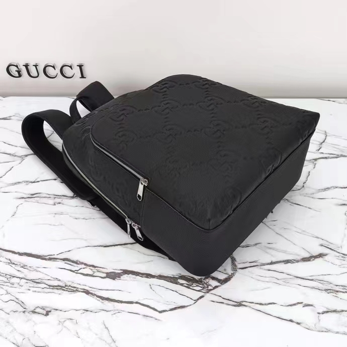 Gucci GG Unisex Large Jumbo GG Backpack Black Leather Cotton Linen Lining Padded Mesh Back