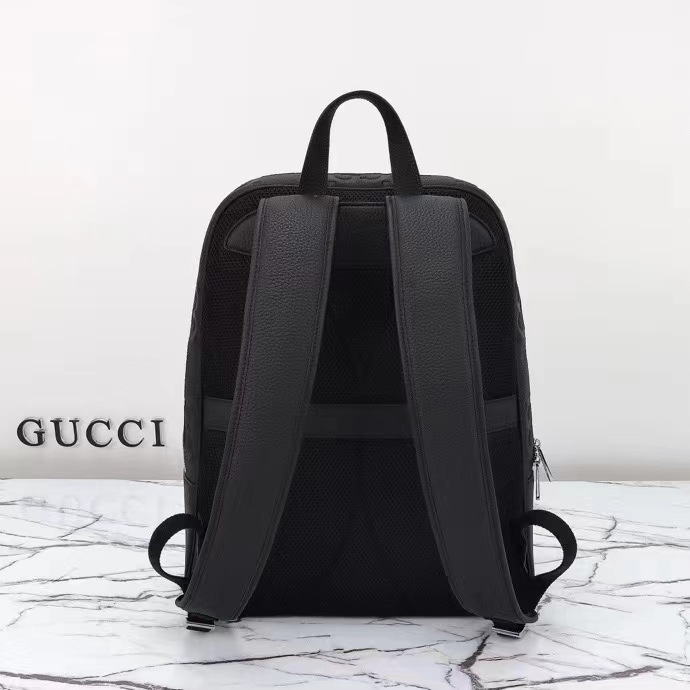 Gucci GG Unisex Large Jumbo GG Backpack Black Leather Cotton Linen Lining Padded Mesh Back