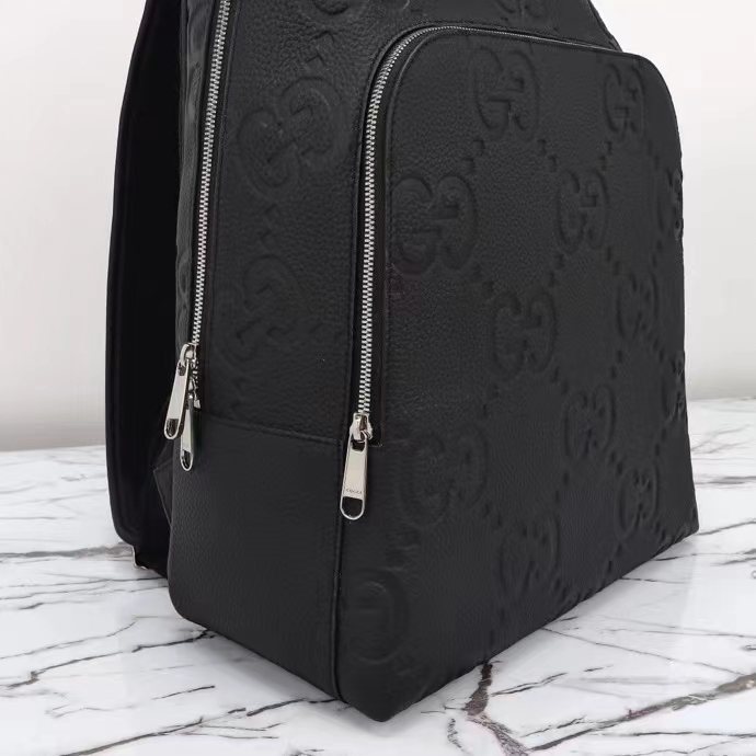 Gucci GG Unisex Large Jumbo GG Backpack Black Leather Cotton Linen Lining Padded Mesh Back