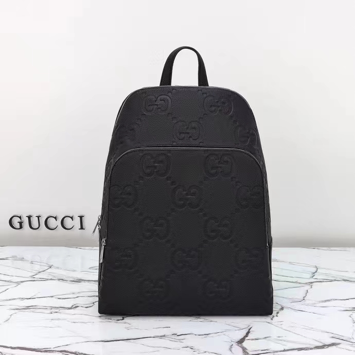 Gucci GG Unisex Large Jumbo GG Backpack Black Leather Cotton Linen Lining Padded Mesh Back
