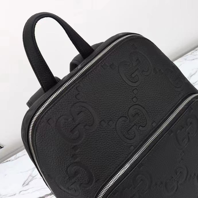 Gucci GG Unisex Large Jumbo GG Backpack Black Leather Cotton Linen Lining Padded Mesh Back
