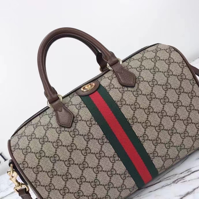 Gucci GG Unisex Ophidia GG Medium Top Handle Bag Beige Ebony GG Supreme Canvas Leather