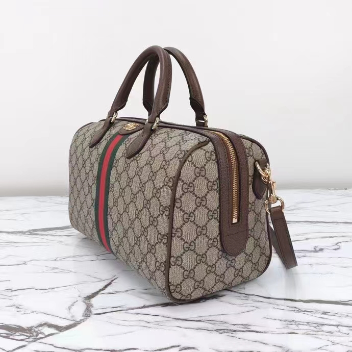 Gucci GG Unisex Ophidia GG Medium Top Handle Bag Beige Ebony GG Supreme Canvas Leather