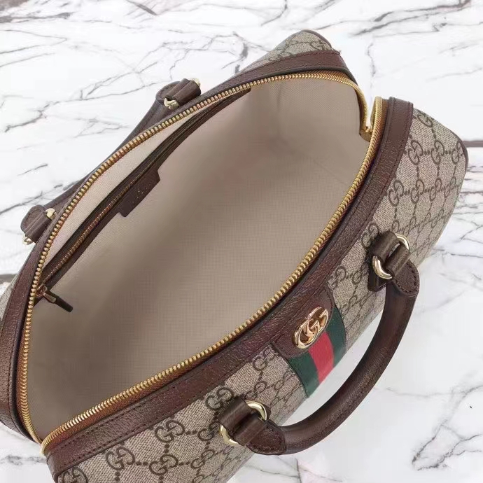 Gucci GG Unisex Ophidia GG Medium Top Handle Bag Beige Ebony GG Supreme Canvas Leather