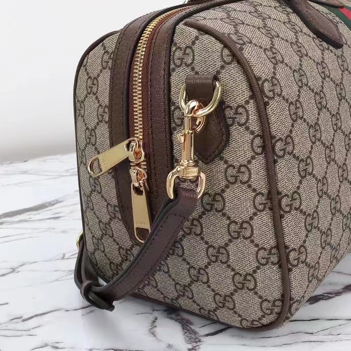 Gucci GG Unisex Ophidia GG Medium Top Handle Bag Beige Ebony GG Supreme Canvas Leather