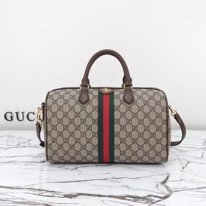 Gucci GG Unisex Ophidia GG Medium Top Handle Bag Beige Ebony GG Supreme Canvas Leather