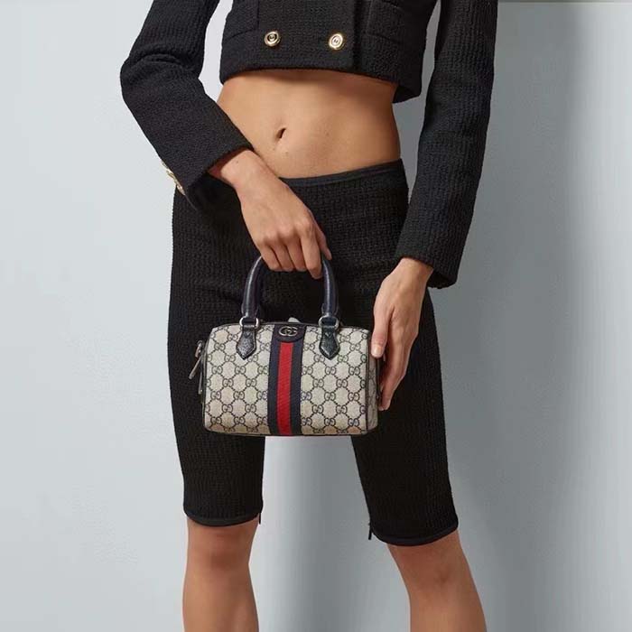 Gucci GG Unisex Ophidia GG Mini Top Handle Bag Beige Blue GG Supreme Canvas Leather