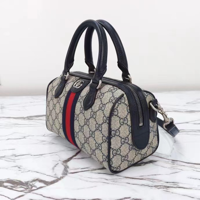 Gucci GG Unisex Ophidia GG Mini Top Handle Bag Beige Blue GG Supreme Canvas Leather
