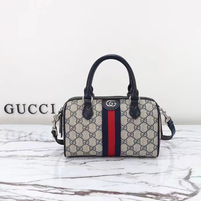 Gucci GG Unisex Ophidia GG Mini Top Handle Bag Beige Blue GG Supreme Canvas Leather