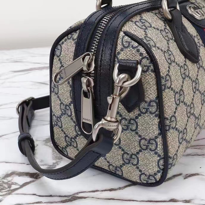 Gucci GG Unisex Ophidia GG Mini Top Handle Bag Beige Blue GG Supreme Canvas Leather