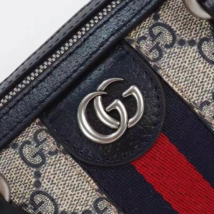 Gucci GG Unisex Ophidia GG Mini Top Handle Bag Beige Blue GG Supreme Canvas Leather