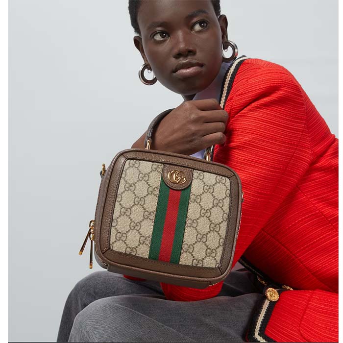 Gucci GG Unisex Ophidia GG Mini Top Handle Bag Beige Ebony GG Supreme Canvas