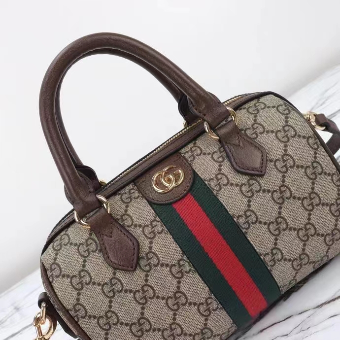 Gucci GG Unisex Ophidia GG Mini Top Handle Bag Beige Ebony GG Supreme Canvas Brown Leather