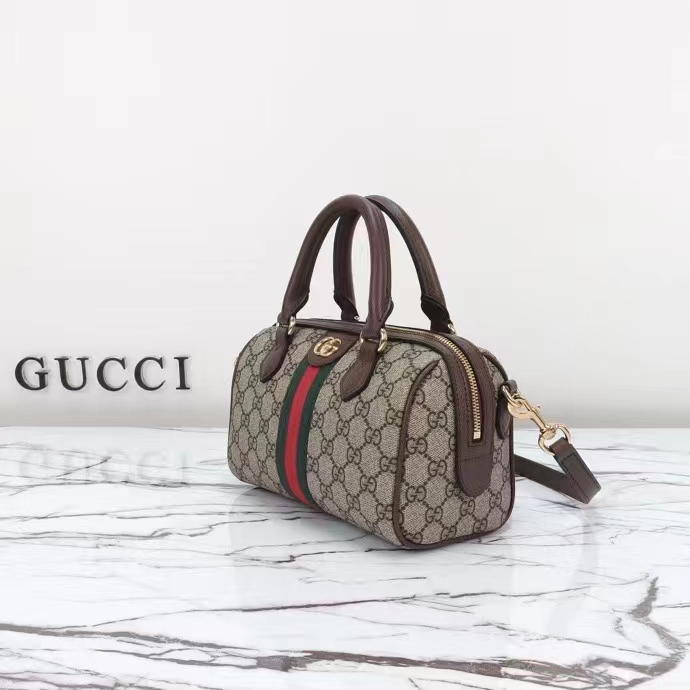 Gucci GG Unisex Ophidia GG Mini Top Handle Bag Beige Ebony GG Supreme Canvas Brown Leather