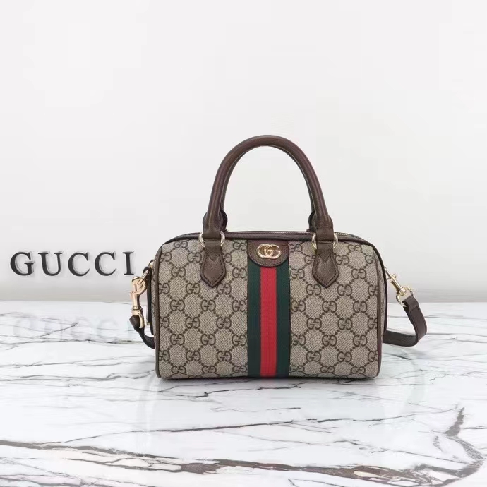 Gucci GG Unisex Ophidia GG Mini Top Handle Bag Beige Ebony GG Supreme Canvas Brown Leather