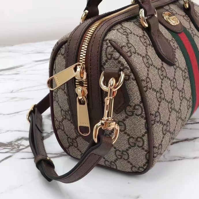 Gucci GG Unisex Ophidia GG Mini Top Handle Bag Beige Ebony GG Supreme Canvas Brown Leather
