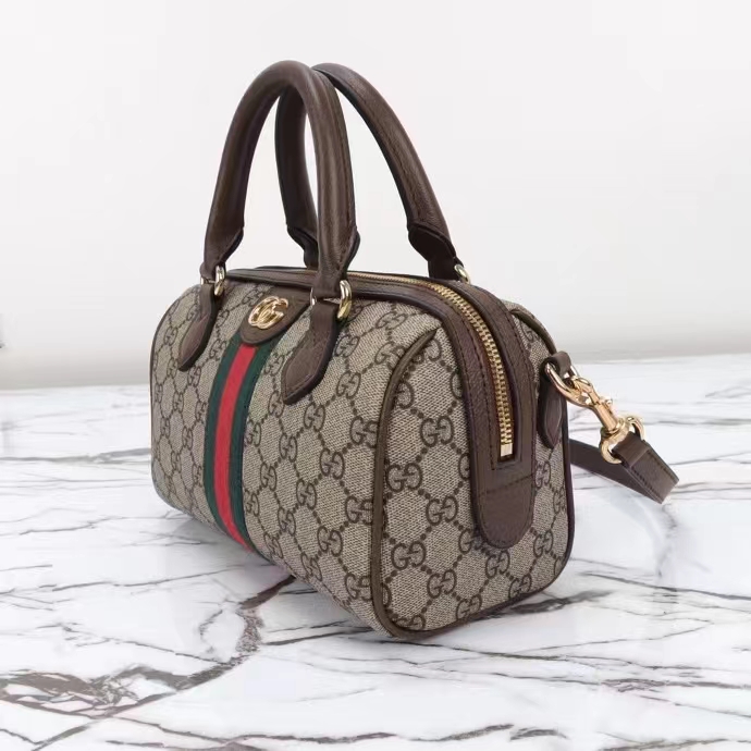 Gucci GG Unisex Ophidia GG Mini Top Handle Bag Beige Ebony GG Supreme Canvas Brown Leather