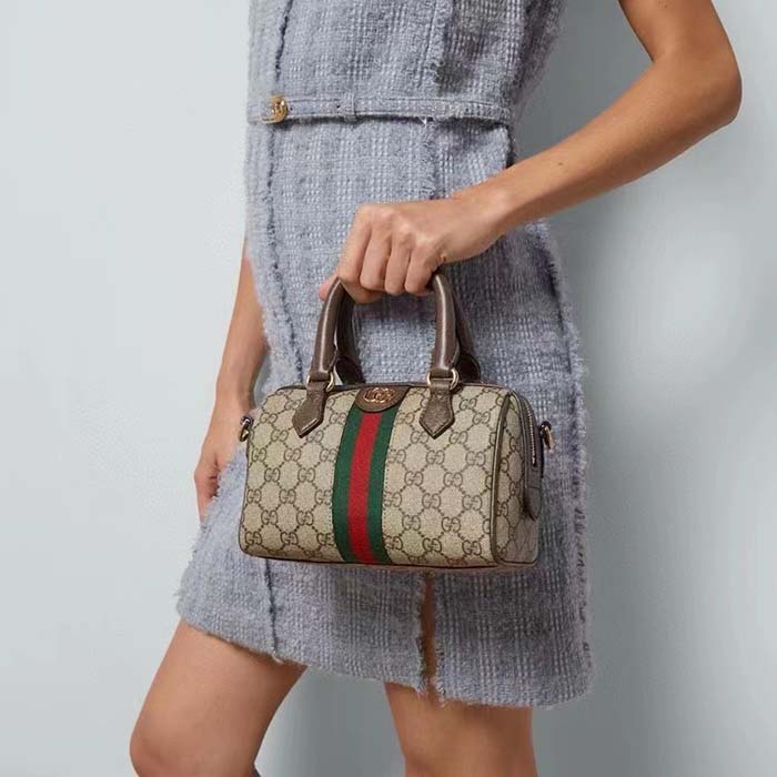 Gucci GG Unisex Ophidia GG Mini Top Handle Bag Beige Ebony GG Supreme Canvas Brown Leather