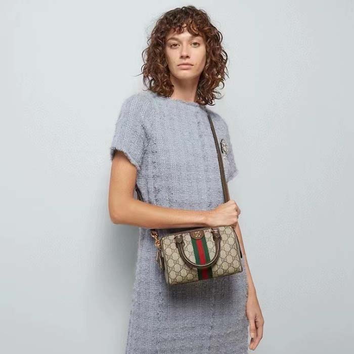 Gucci GG Unisex Ophidia GG Mini Top Handle Bag Beige Ebony GG Supreme Canvas Brown Leather