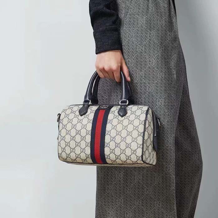 Gucci GG Unisex Ophidia GG Small Top Handle Bag Beige Blue GG Supreme Canvas Leather