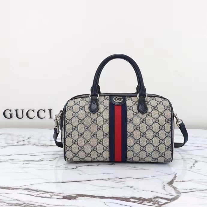 Gucci GG Unisex Ophidia GG Small Top Handle Bag Beige Blue GG Supreme Canvas Leather