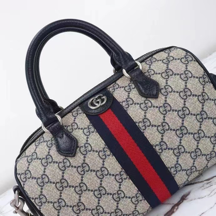 Gucci GG Unisex Ophidia GG Small Top Handle Bag Beige Blue GG Supreme Canvas Leather