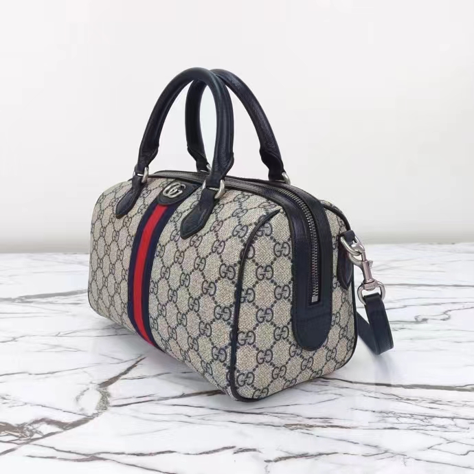 Gucci GG Unisex Ophidia GG Small Top Handle Bag Beige Blue GG Supreme Canvas Leather