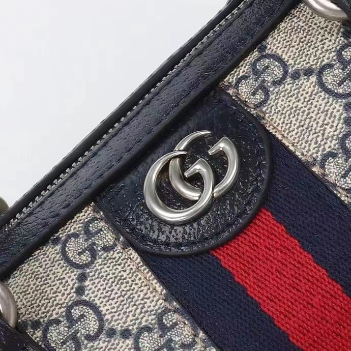 Gucci GG Unisex Ophidia GG Small Top Handle Bag Beige Blue GG Supreme Canvas Leather