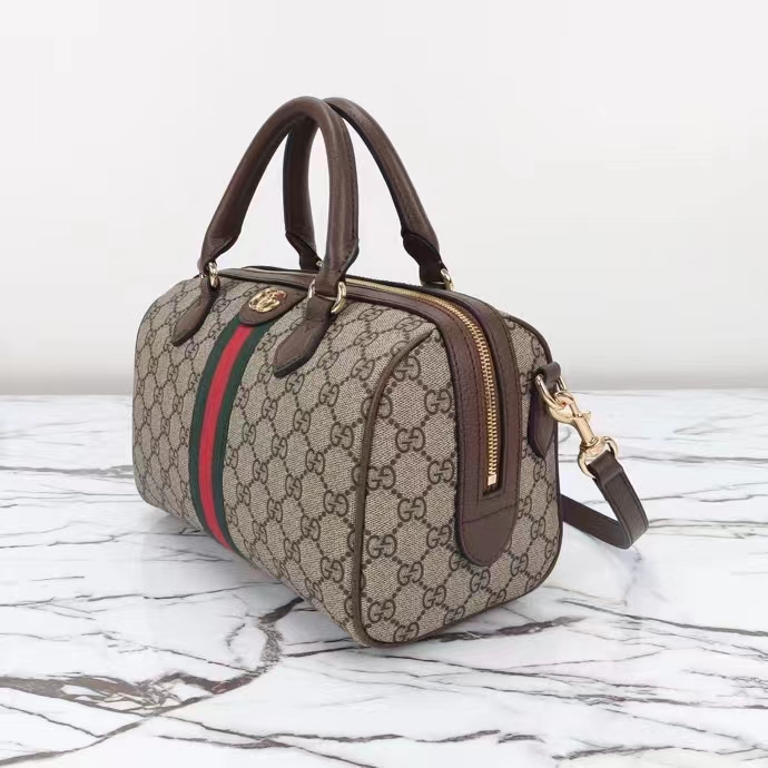 Gucci GG Unisex Ophidia GG Small Top Handle Bag Beige Ebony GG Supreme Canvas Brown Leather