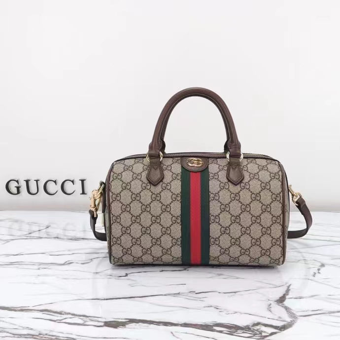 Gucci GG Unisex Ophidia GG Small Top Handle Bag Beige Ebony GG Supreme Canvas Brown Leather
