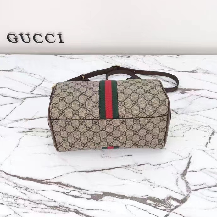 Gucci GG Unisex Ophidia GG Small Top Handle Bag Beige Ebony GG Supreme Canvas Brown Leather