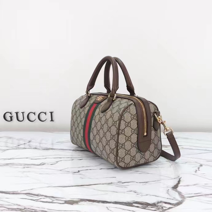 Gucci GG Unisex Ophidia GG Small Top Handle Bag Beige Ebony GG Supreme Canvas Brown Leather
