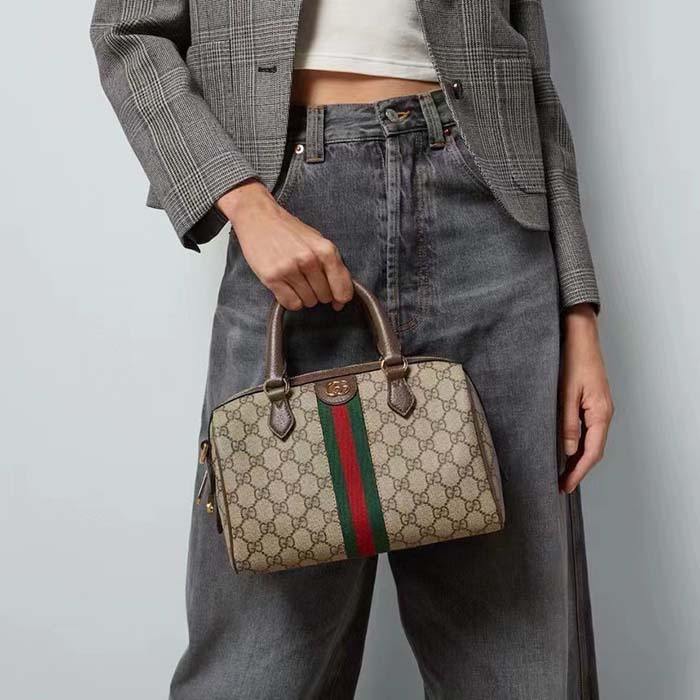 Gucci GG Unisex Ophidia GG Small Top Handle Bag Beige Ebony GG Supreme Canvas Brown Leather