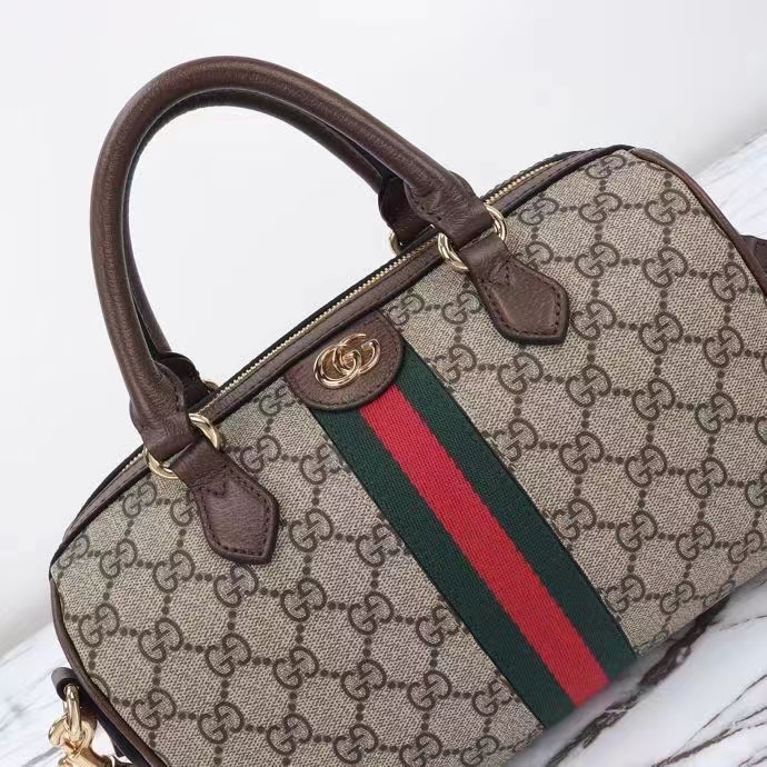 Gucci GG Unisex Ophidia GG Small Top Handle Bag Beige Ebony GG Supreme Canvas Brown Leather