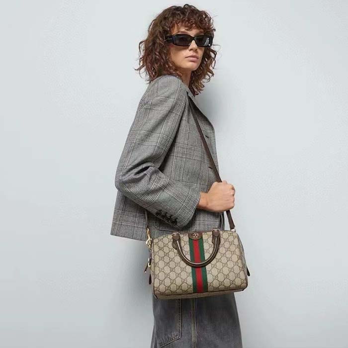 Gucci GG Unisex Ophidia GG Small Top Handle Bag Beige Ebony GG Supreme Canvas Brown Leather