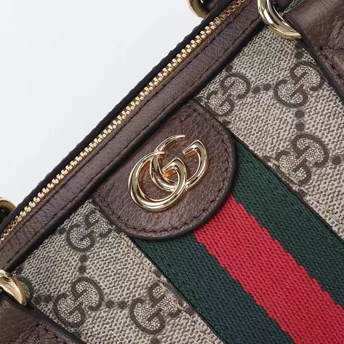 Gucci GG Unisex Ophidia GG Small Top Handle Bag Beige Ebony GG Supreme Canvas Brown Leather