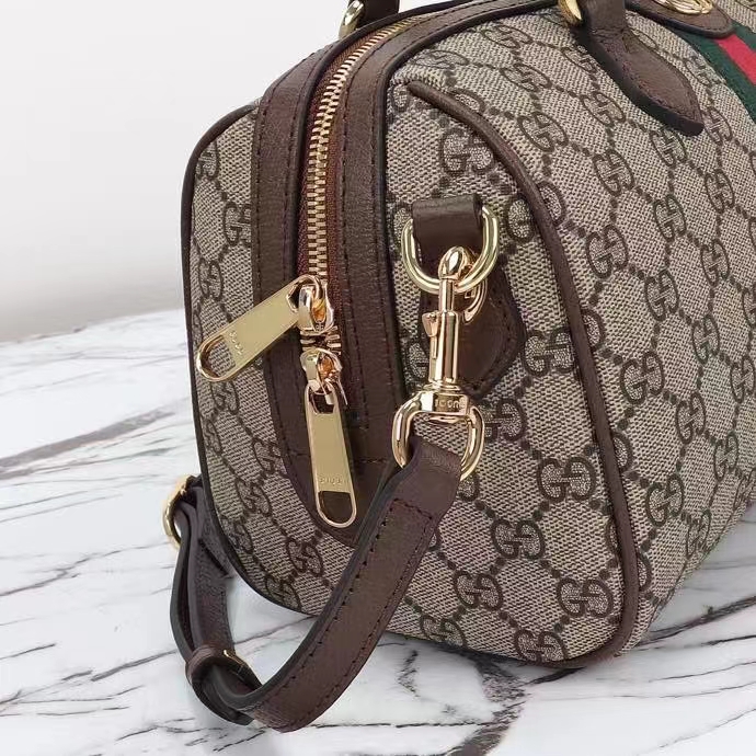 Gucci GG Unisex Ophidia GG Small Top Handle Bag Beige Ebony GG Supreme Canvas Brown Leather