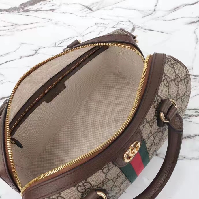Gucci GG Unisex Ophidia GG Small Top Handle Bag Beige Ebony GG Supreme Canvas Brown Leather