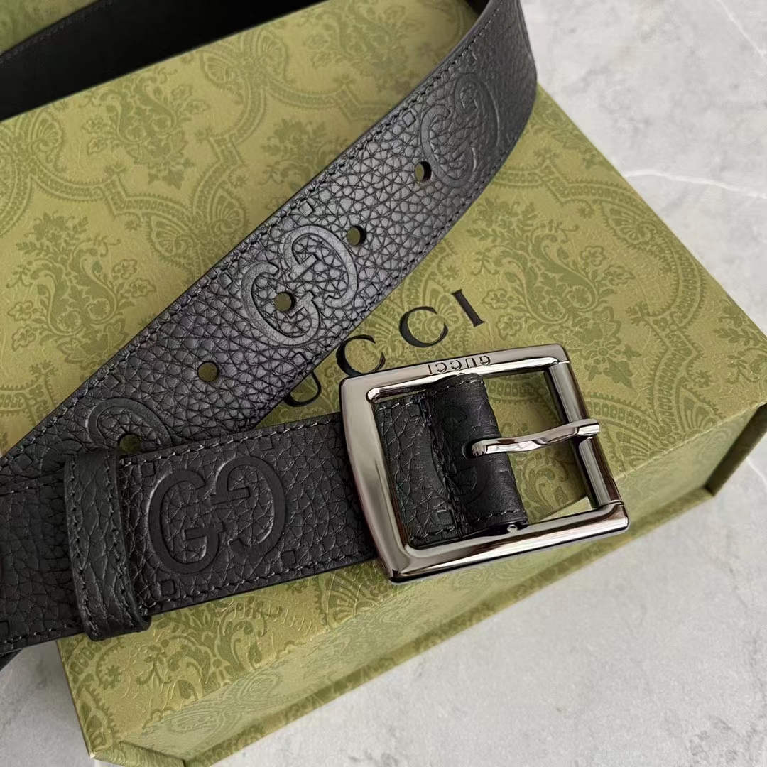 Gucci GG Unisex Rubber-Effect Leather Belt Black Square Buckle 3.3 CM Width