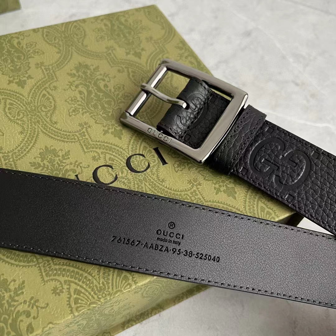 Gucci GG Unisex Rubber-Effect Leather Belt Black Square Buckle 3.3 CM Width