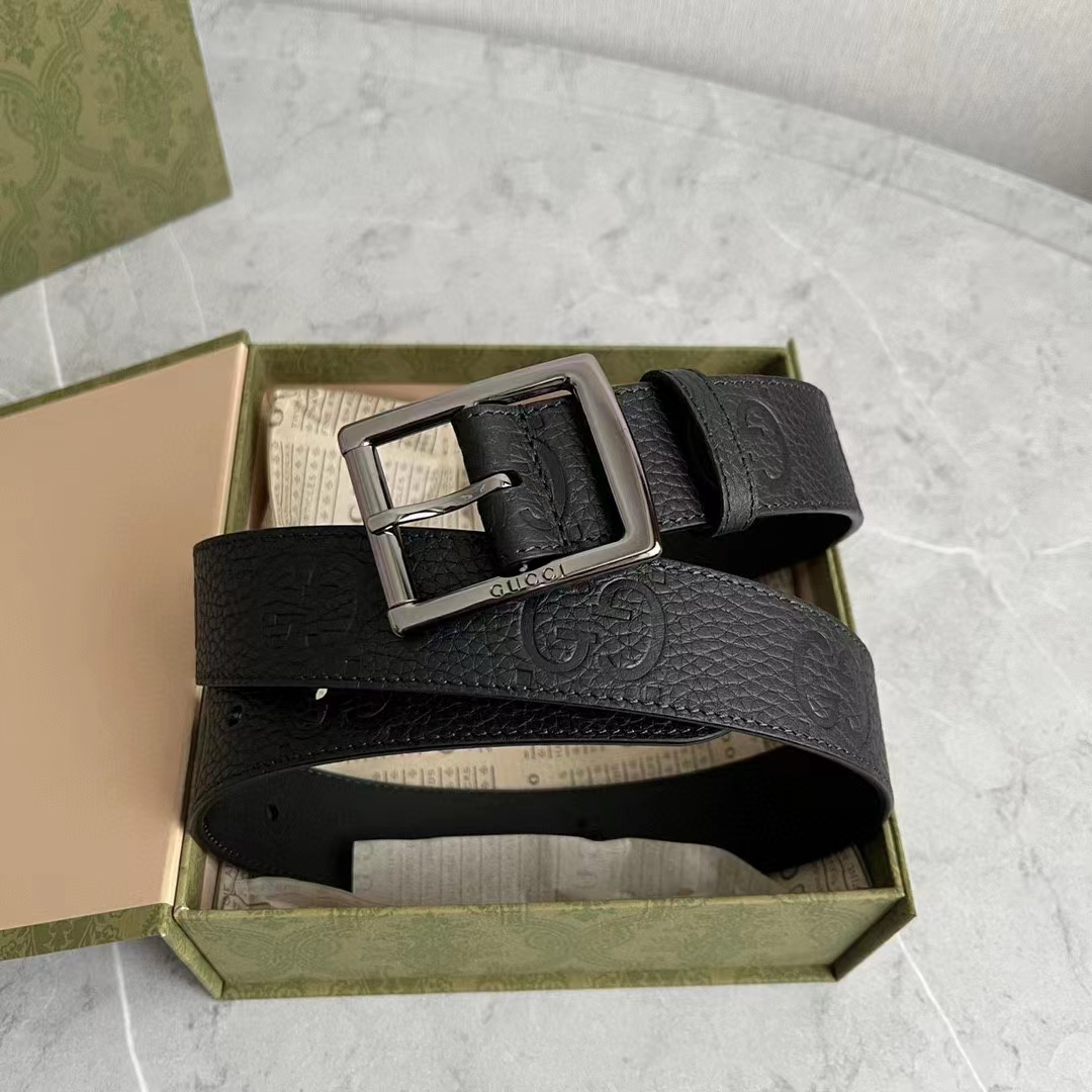 Gucci GG Unisex Rubber-Effect Leather Belt Black Square Buckle 3.3 CM Width