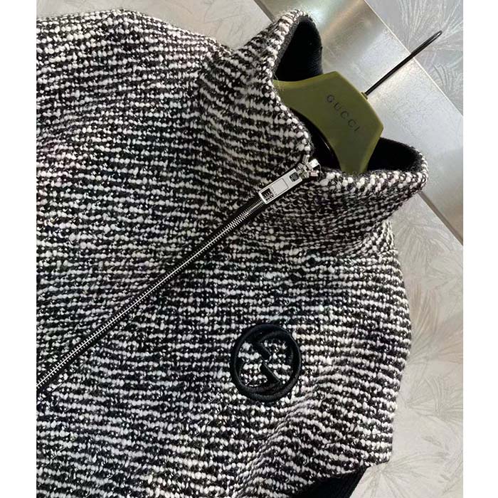 Gucci GG Women Bouclé Wool Jacket Interlocking G High Neck Dropped Shoulder