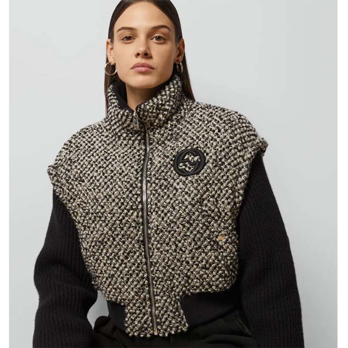 Gucci GG Women Bouclé Wool Jacket Interlocking G High Neck Dropped Shoulder