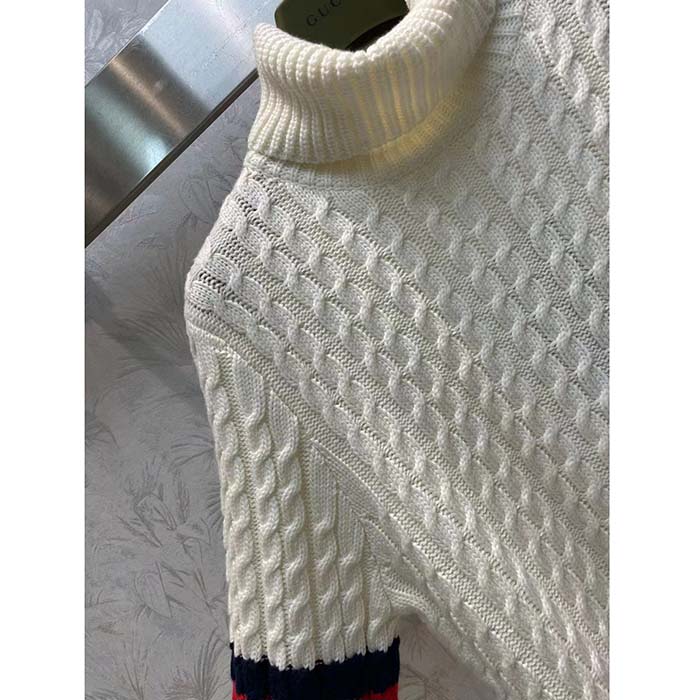 Gucci GG Men Cable Knit Wool Cashmere Sweater Ivory Blue Red Web Turtleneck Long Sleeves