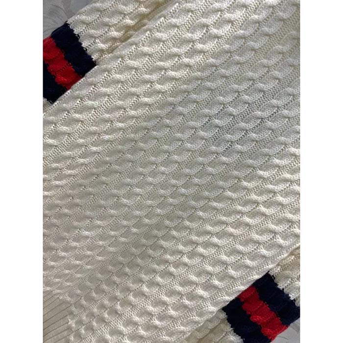 Gucci GG Men Cable Knit Wool Cashmere Sweater Ivory Blue Red Web Turtleneck Long Sleeves
