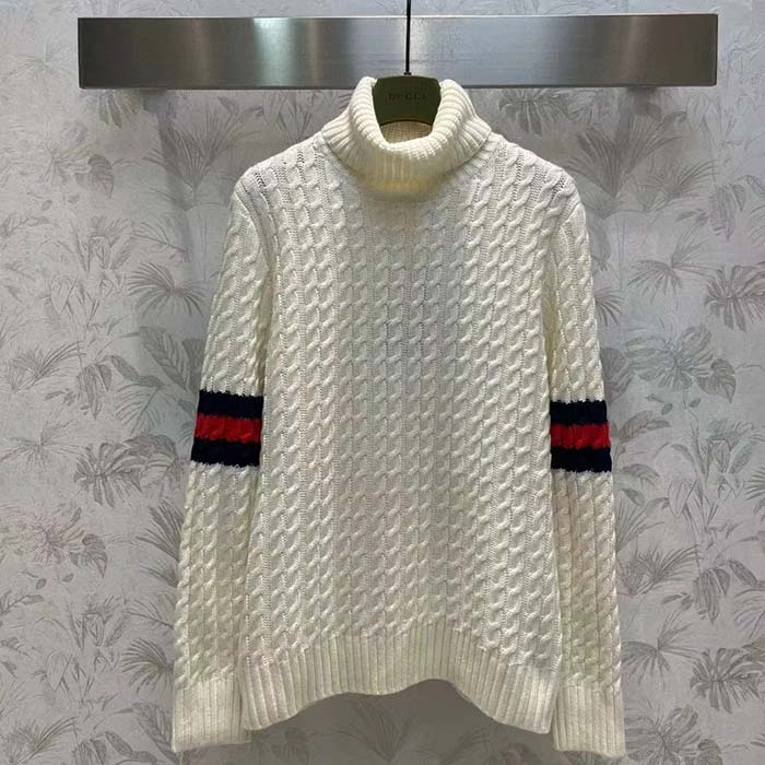 Gucci GG Men Cable Knit Wool Cashmere Sweater Ivory Blue Red Web Turtleneck Long Sleeves