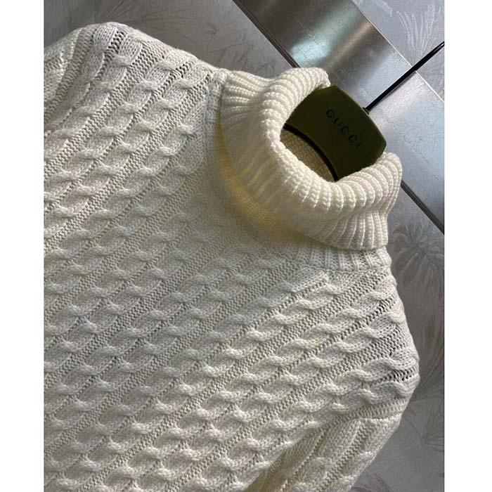 Gucci GG Men Cable Knit Wool Cashmere Sweater Ivory Blue Red Web Turtleneck Long Sleeves