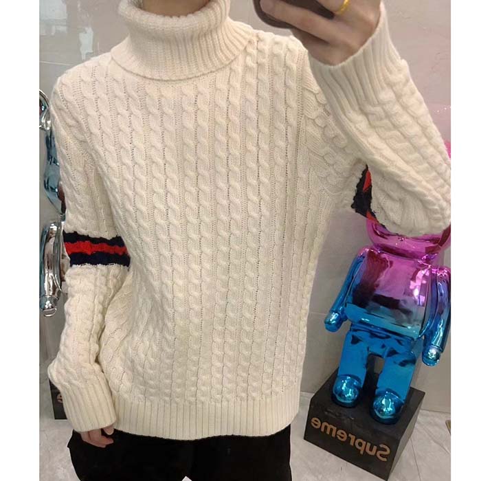 Gucci GG Men Cable Knit Wool Cashmere Sweater Ivory Blue Red Web Turtleneck Long Sleeves