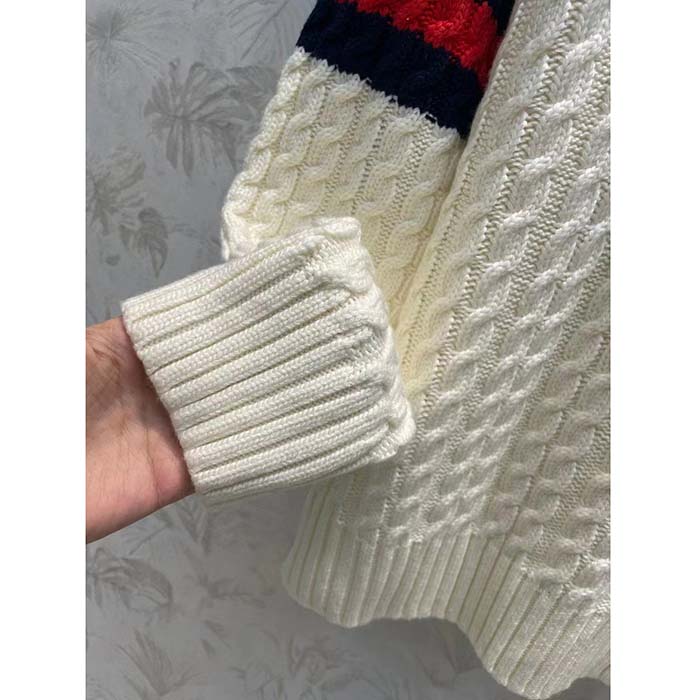 Gucci GG Men Cable Knit Wool Cashmere Sweater Ivory Blue Red Web Turtleneck Long Sleeves
